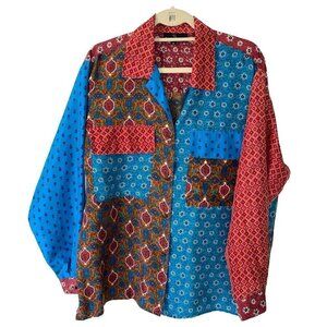Carole Little Mixed Print Silk Shirt Womens Size 10 Vintage 90s Button Front